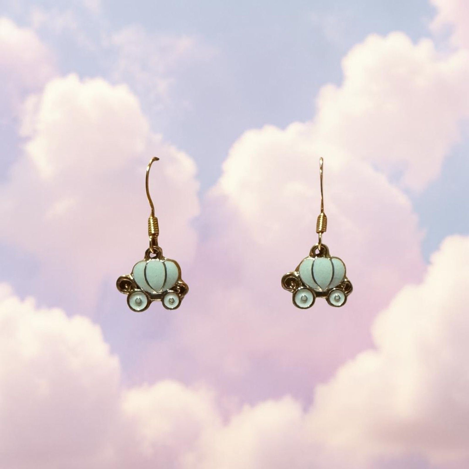 Enamel Pale Blue Carriage Gold Earrings #2258